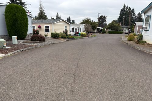 A quiet residential street lined with manufactured homes, small yards, and some trees under an overcast sky.