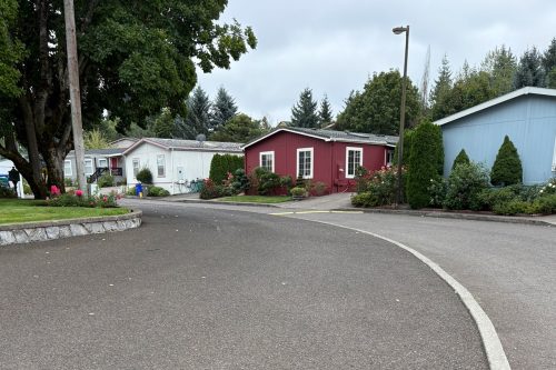 A curved paved road runs through a neighborhood of single-story manufactured homes with trees and shrubs along the sides under a cloudy sky.