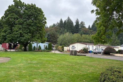 A grassy area with trees and several manufactured homes, cars parked near the homes, and a forested hillside in the background under an overcast sky.